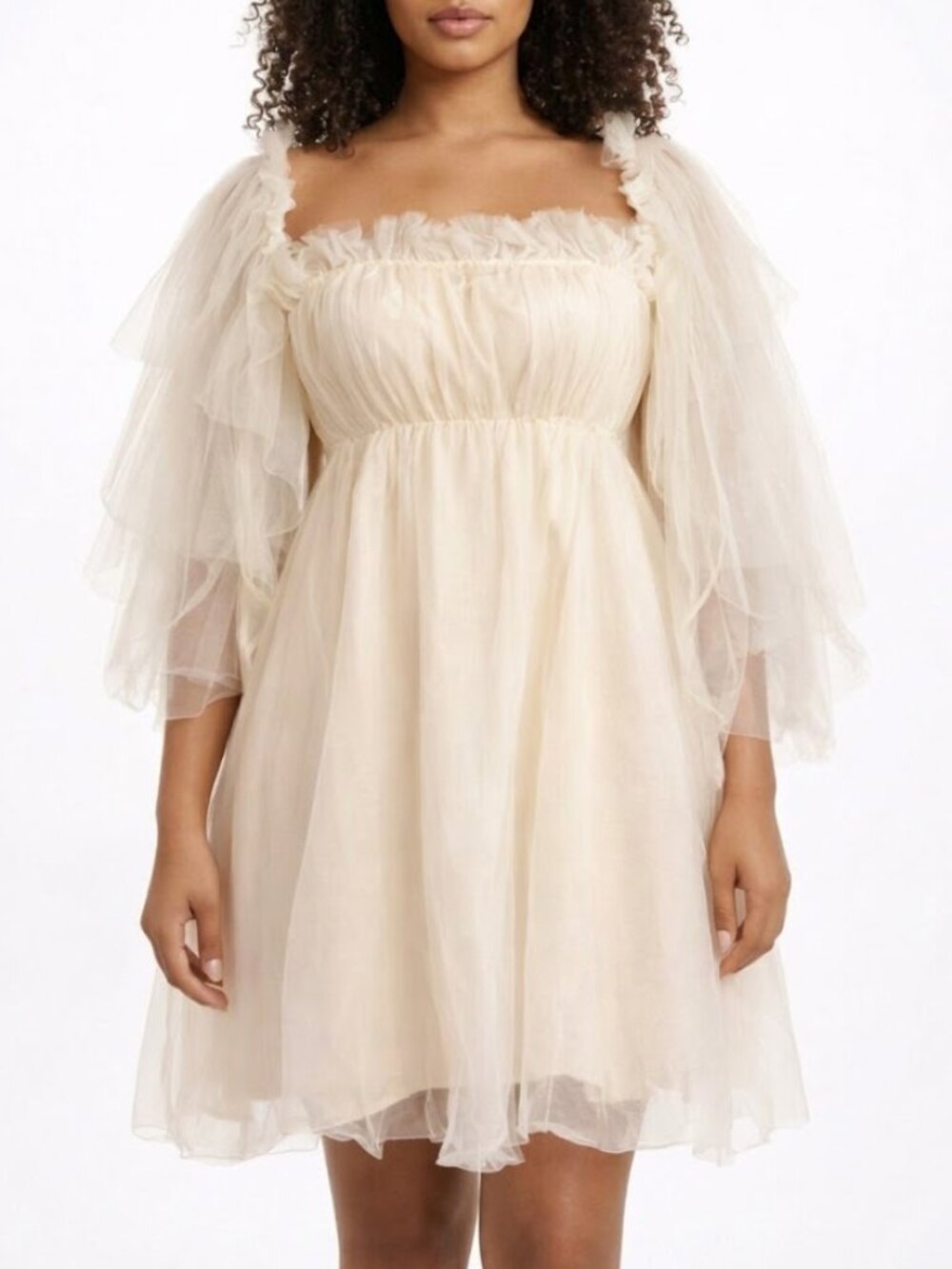 SELKIE STYLE Coquette Cream Tulle Ruffle Puff Sleeve Empire Mini Dress M